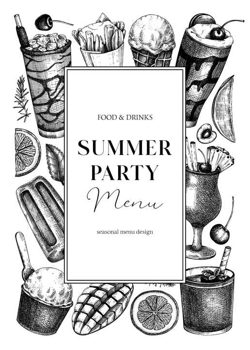 Summer party flyer design. Non-alcoholic beverage, mocktail, ice cream, fruit, cocktail sketches. Hand drawn vector illustration. Summer food and drinks. Tropical background, bar menu, poster design